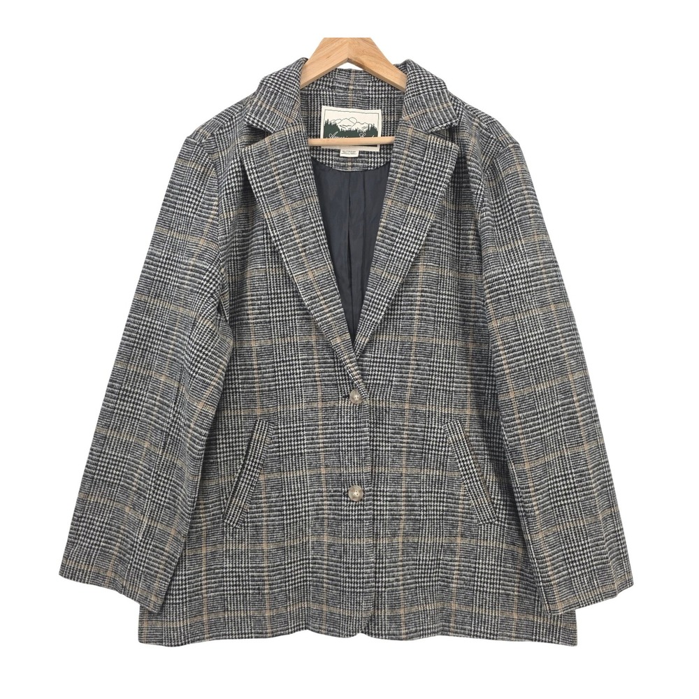 American Eagle Womens XL Black Tan Glen Plaid Wool Blend Oversized Blazer